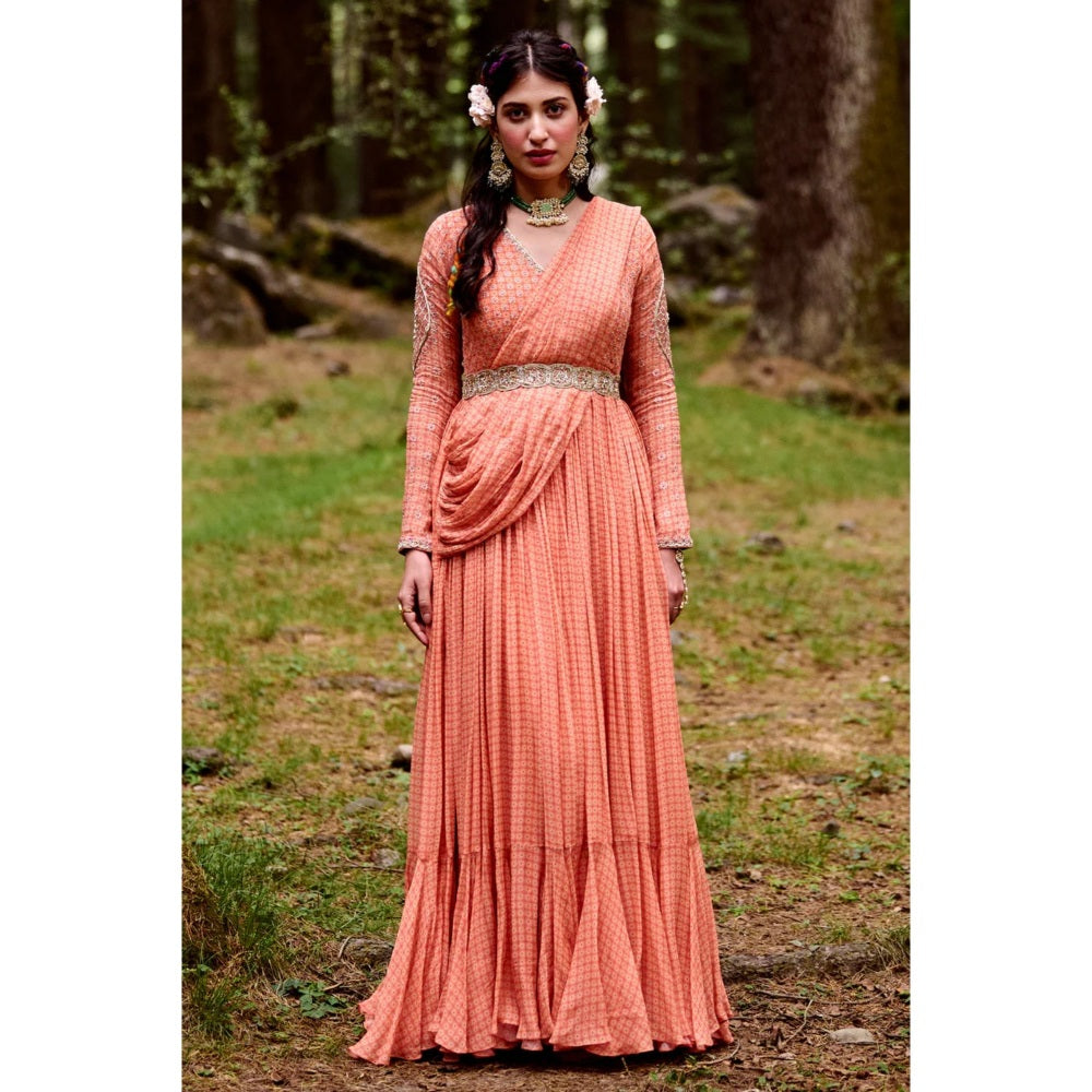 Paulmi & Harsh Sherbet Orange Draped Anarkali (Set of 2)
