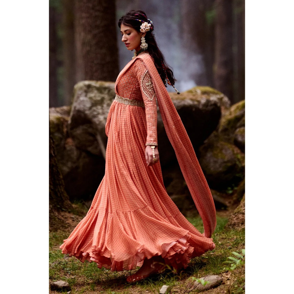 Paulmi & Harsh Sherbet Orange Draped Anarkali (Set of 2)