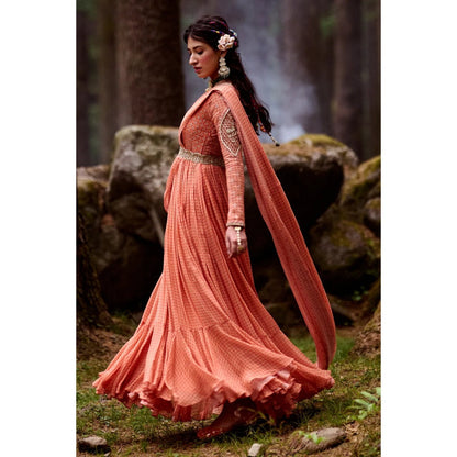 Paulmi & Harsh Sherbet Orange Draped Anarkali (Set of 2)