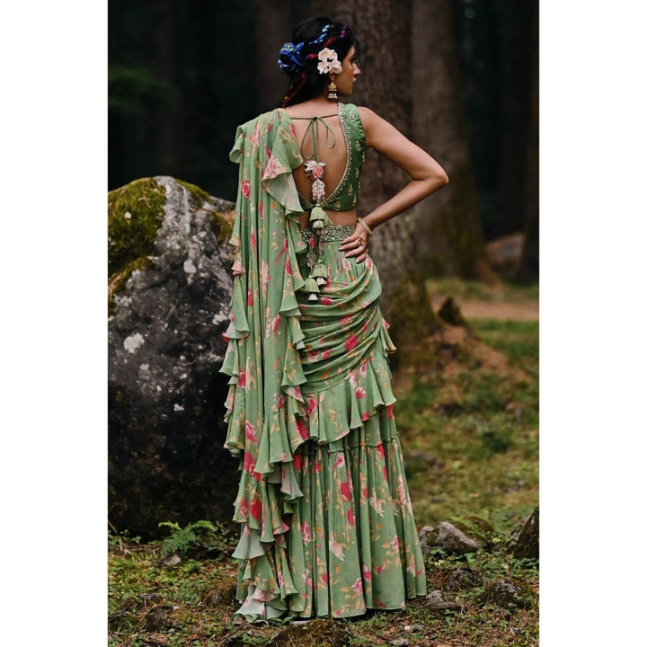 Paulmi & Harsh Fern Green Anar Print Draped Saree with Stitched Blouse(XS)