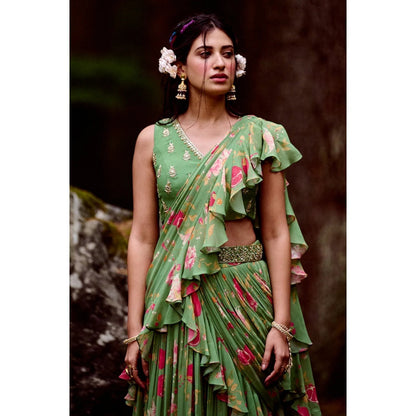 Paulmi & Harsh Fern Green Anar Print Draped Saree with Stitched Blouse
