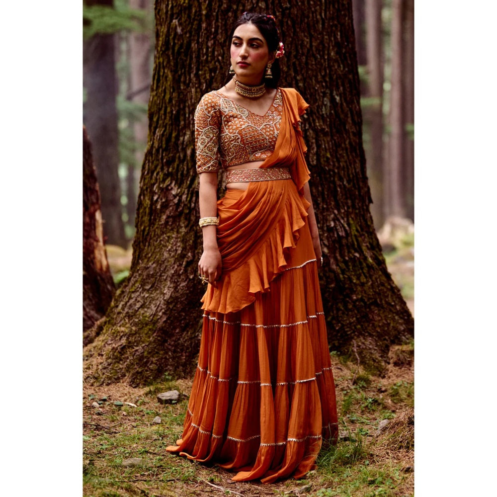 Paulmi & Harsh Rust Orange Pre Draped Saree with Stitched Blouse