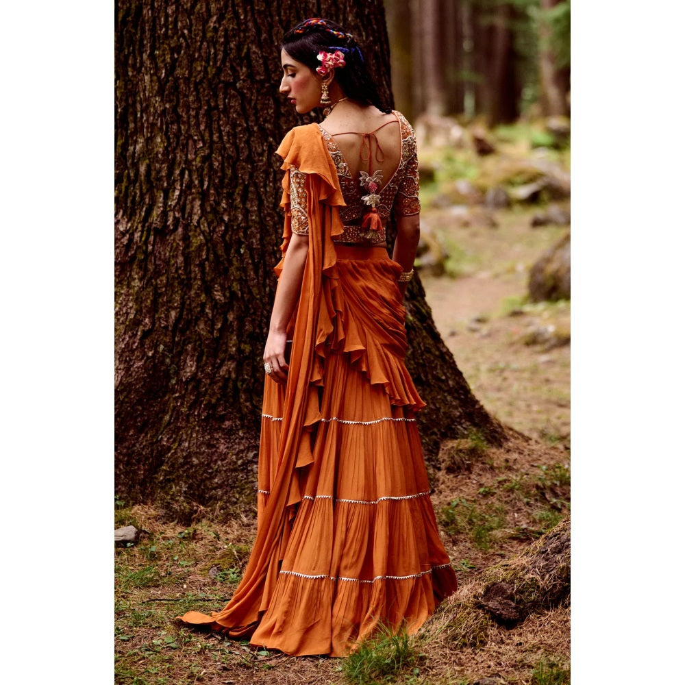 Paulmi & Harsh Rust Orange Pre Draped Saree with Stitched Blouse