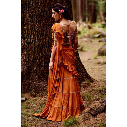 Paulmi & Harsh Rust Orange Pre Draped Saree with Stitched Blouse