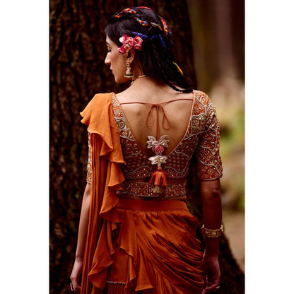 Paulmi & Harsh Rust Orange Pre Draped Saree with Stitched Blouse