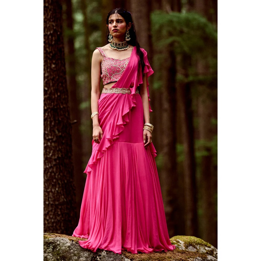 Paulmi & Harsh Dabka Work Rani Pink Pre Draped Saree with Stitched Blouse