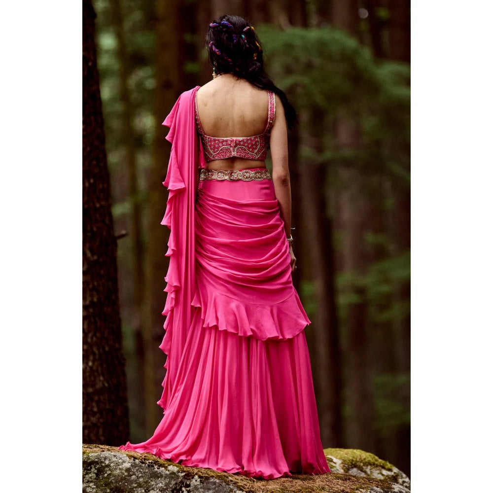 Paulmi & Harsh Dabka Work Rani Pink Pre Draped Saree with Stitched Blouse