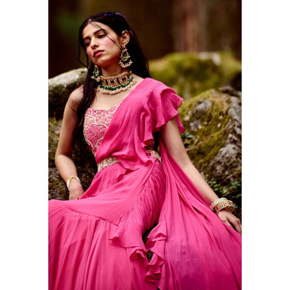 Paulmi & Harsh Dabka Work Rani Pink Pre Draped Saree with Stitched Blouse