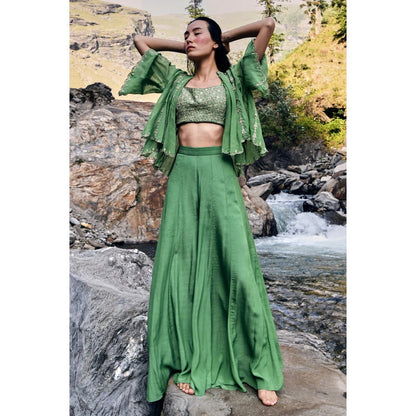 Paulmi & Harsh Fern Green Short Jacket with Blouse & Pants (Set of 3)