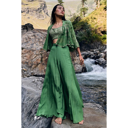Paulmi & Harsh Fern Green Short Jacket with Blouse & Pants (Set of 3)