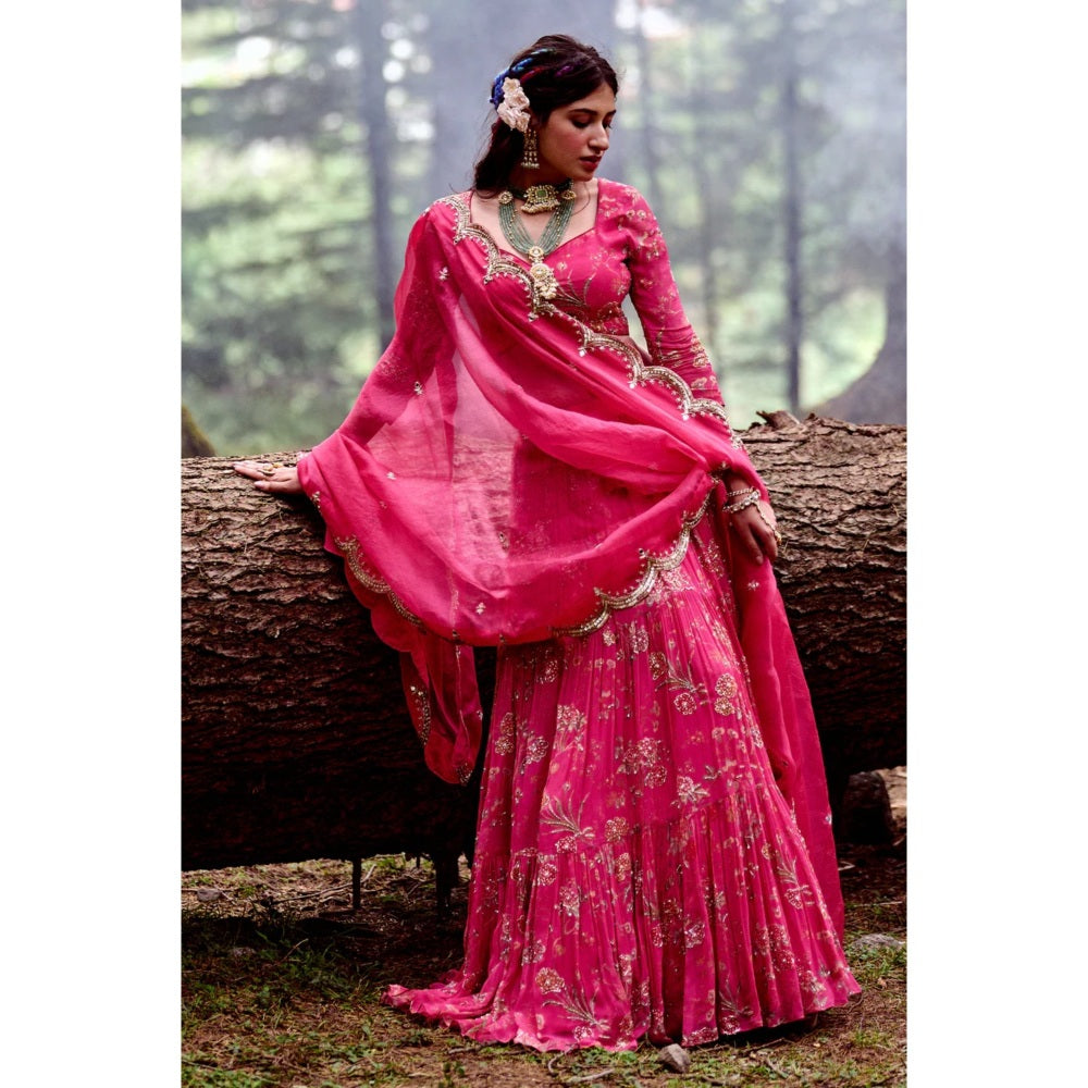 Paulmi & Harsh Pink Floral 3-layered Lehenga (Set of 3)