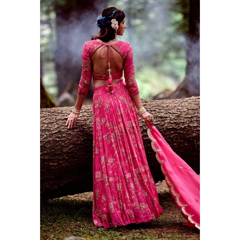 Paulmi & Harsh Pink Floral 3-layered Lehenga (Set of 3)