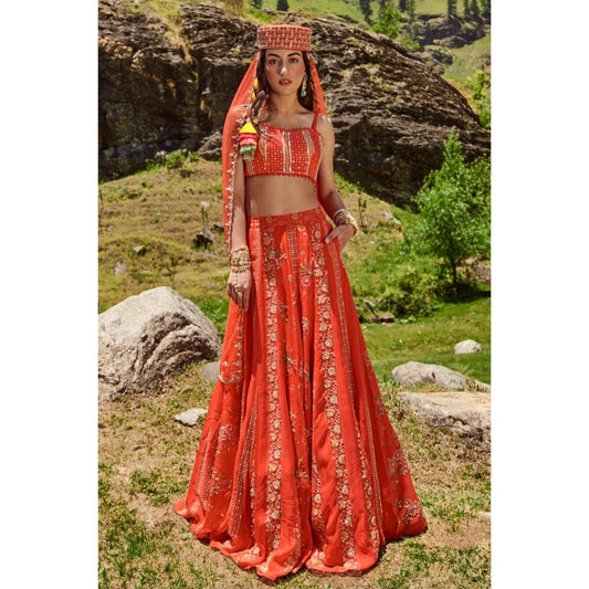Paulmi & Harsh Poppy Red Border Print Lehenga (Set of 3)