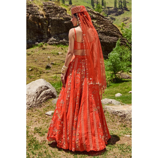 Paulmi & Harsh Poppy Red Border Print Lehenga (Set of 3)