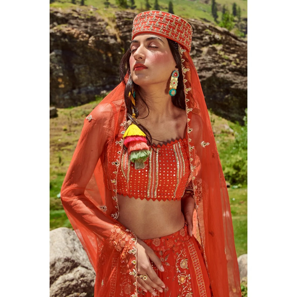 Paulmi & Harsh Poppy Red Border Print Lehenga (Set of 3)