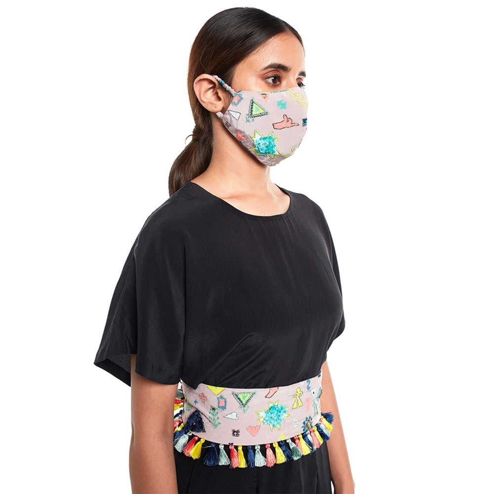 Payal Singhal Lavender Bandhani Kilim Print Crepe Embroidered Mask With Detachable Chain Tassels