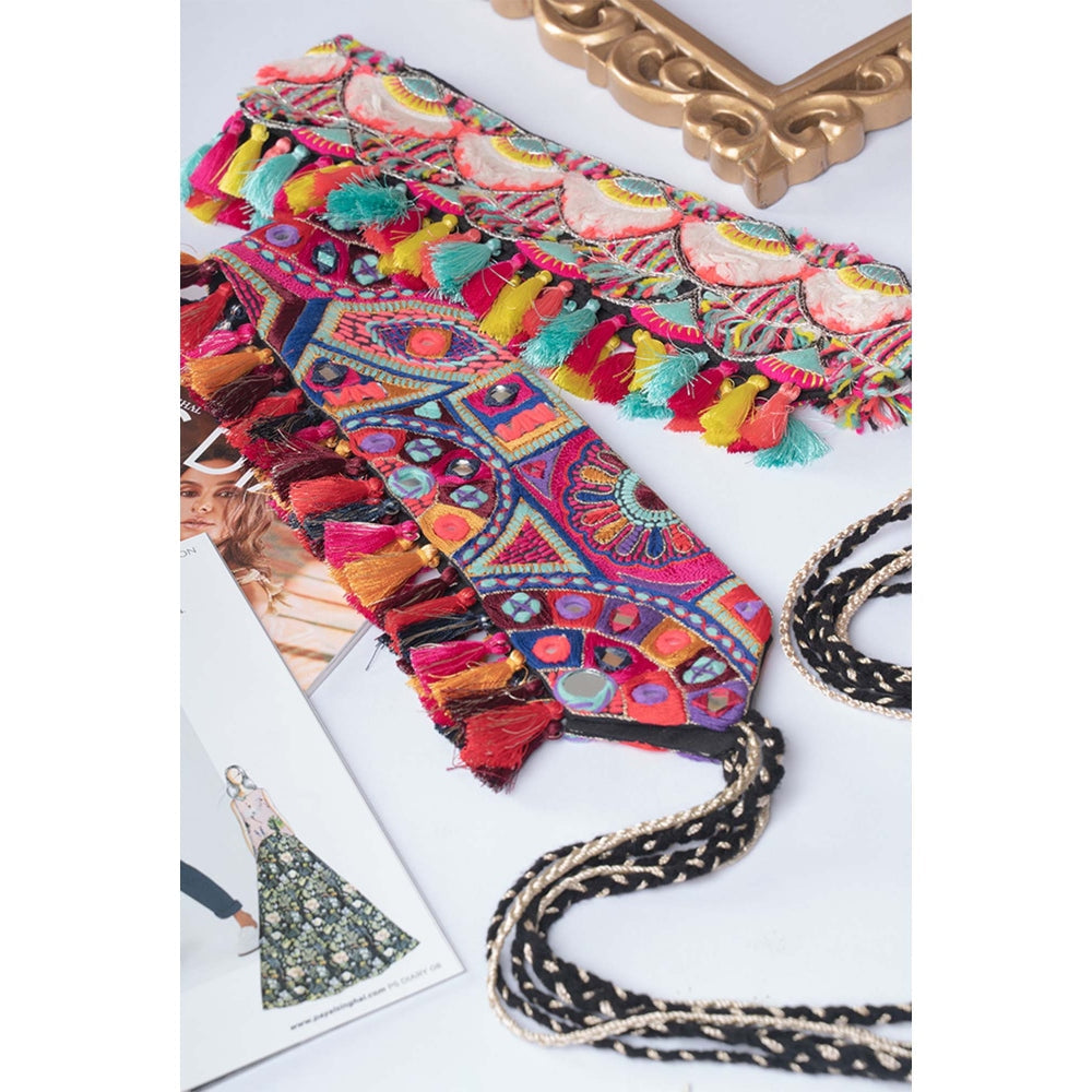 PS Pret by Payal Singhal Dupion Silk Embroidered Tie- Up Belts with Colourful Tassels (Set of 2) - Black