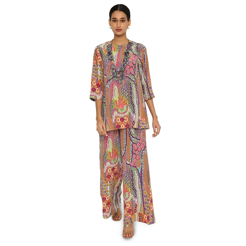 PS Pret by Payal Singhal Noorain African Print Crepe Top and Palazzo with Tasselled Necklace (Set of 3)