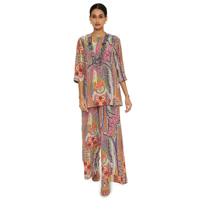 PS Pret by Payal Singhal Noorain African Print Crepe Top and Palazzo with Tasselled Necklace (Set of 3)