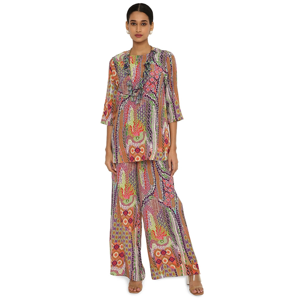 PS Pret by Payal Singhal Noorain African Print Crepe Top and Palazzo with Tasselled Necklace (Set of 3)