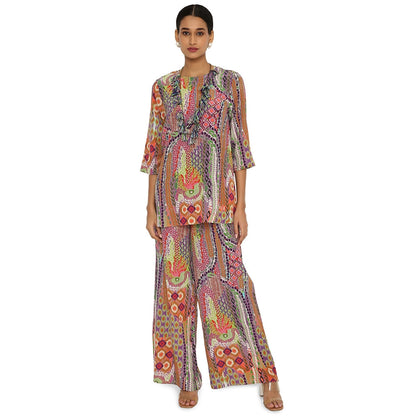 PS Pret by Payal Singhal Noorain African Print Crepe Top and Palazzo with Tasselled Necklace (Set of 3)