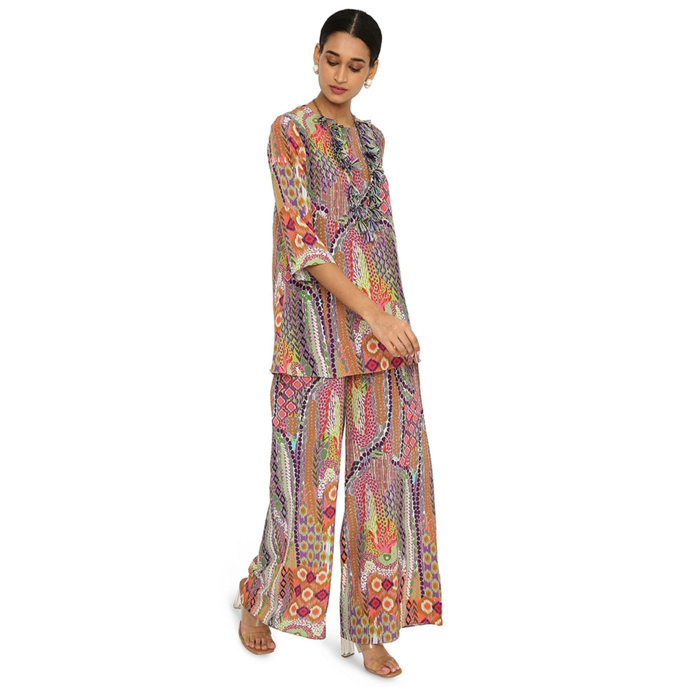 PS Pret by Payal Singhal Noorain African Print Crepe Top and Palazzo with Tasselled Necklace (Set of 3)