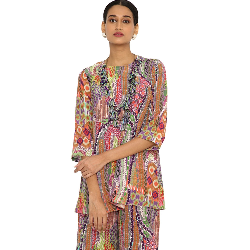 Payal Singhal Noorain African Print Crepe Top And Palazzo With Tasselled Necklace (Set Of 3)