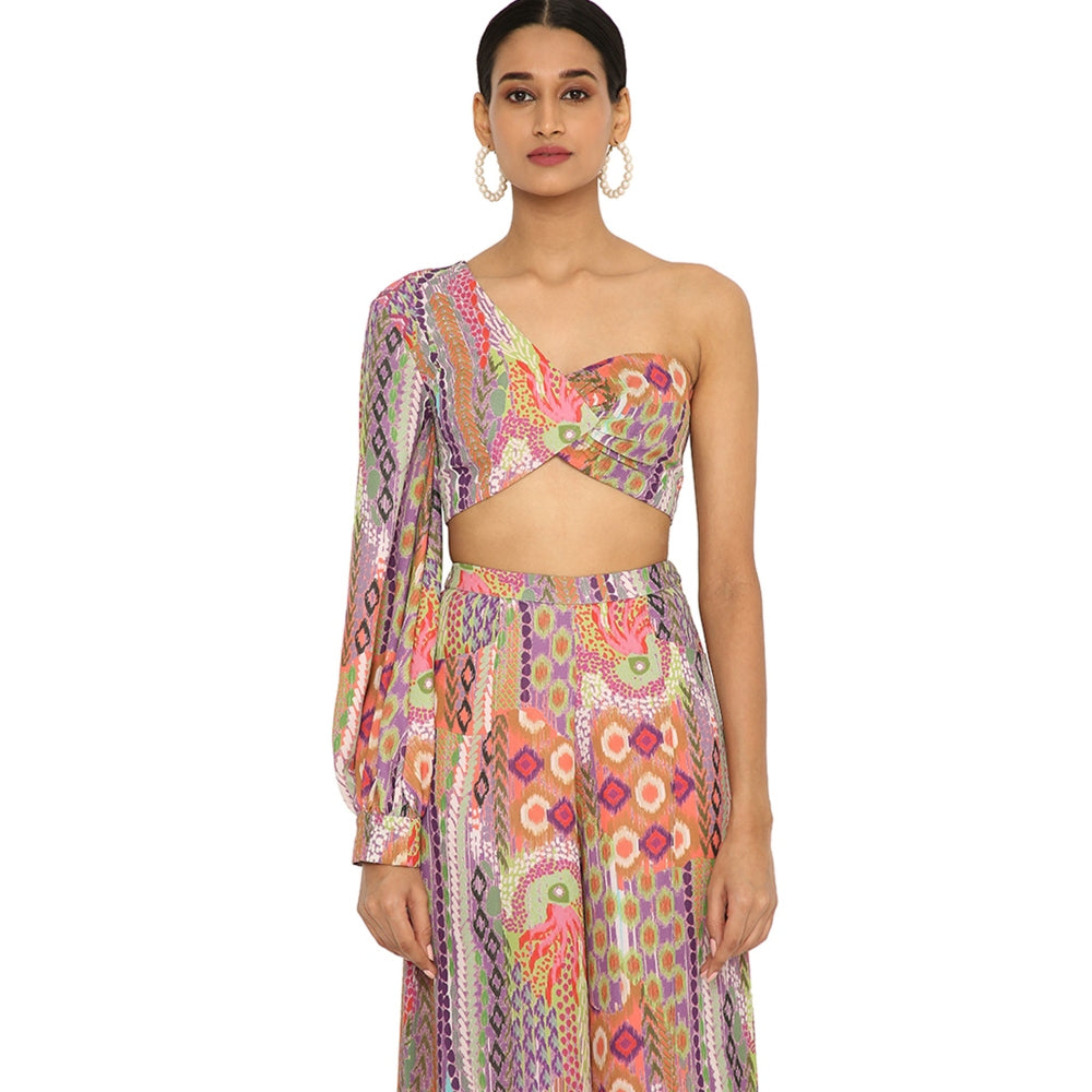 Payal Singhal Juveria African Print Crepe One Shoulder Top With Palazzo (Set Of 2)