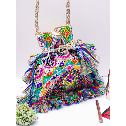 PS Accessories by Payal Singhal Payal Singhal Amritsar White Dupion Silk And Chanderi Stripe Embroidered Potli