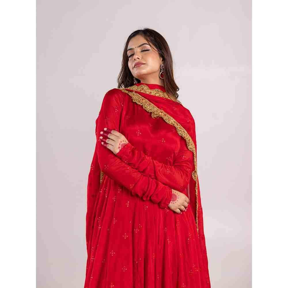 PEHNO'SA Rani Shobha Embroidered Anarkali Red (Set of 3)