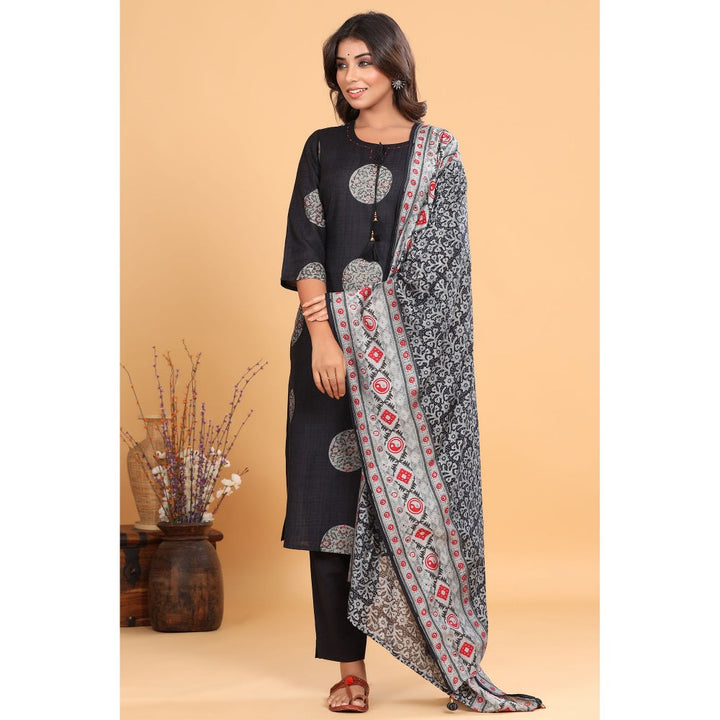 Piroh Womens Muslin Kurta Dupatta & Pant Abstract Print Straight (Set of 3)