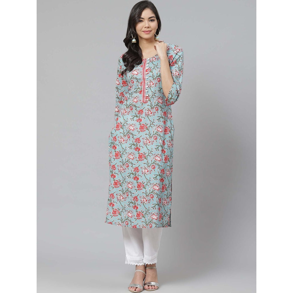 Piroh Womens Cotton Cambric Printed and Embroidered Straight Kurta Blue and Red
