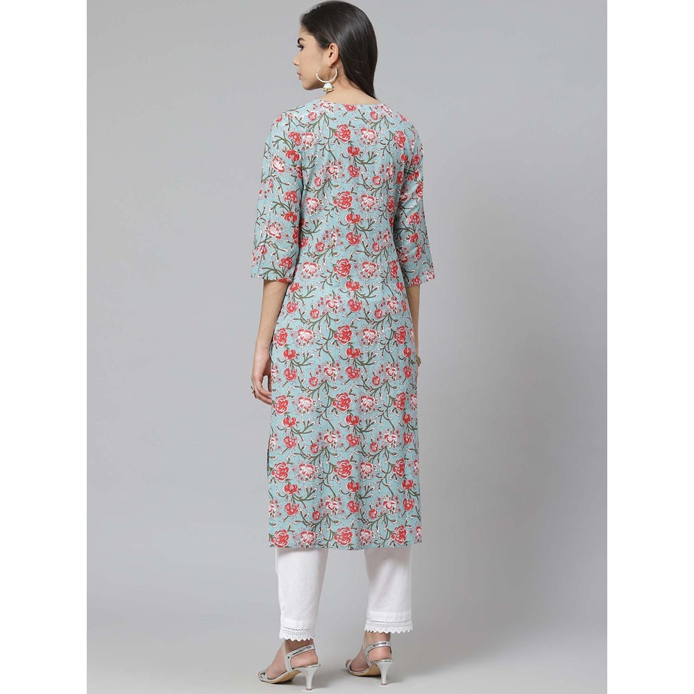 Piroh Womens Cotton Cambric Printed and Embroidered Straight Kurta Blue and Red