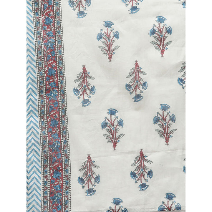 Piroh Womens Cotton Floral Print Straight Kurta Trouser Voil Dupatta (Blue) (Set of 3)