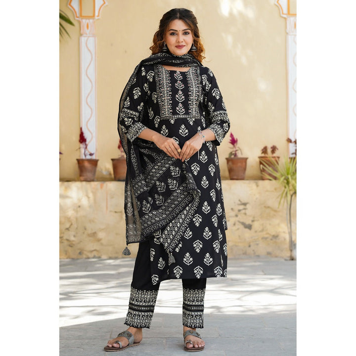 PIROH Womens Floral Print Rayon Kurta Pant and Malmal Dupatta - Black (Set of 3)