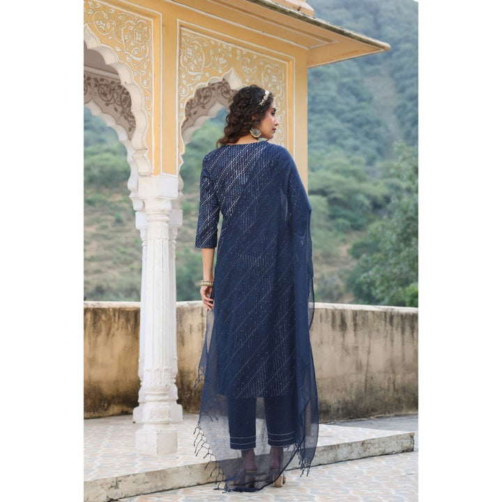 Piroh Womens Bhandej  Lurex Cambric Kurta, Cambric Pant, Kota Doria Dupatta-Blue (Set of 3)