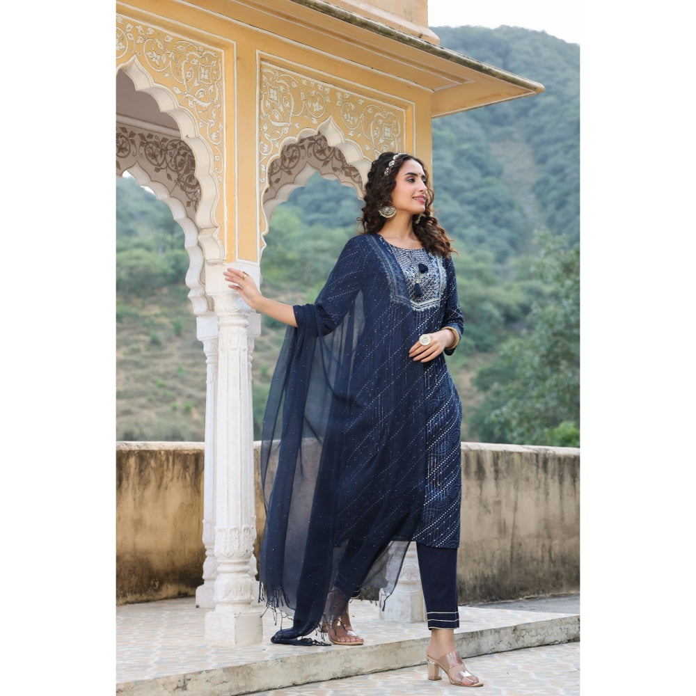 Piroh Womens Bhandej  Lurex Cambric Kurta, Cambric Pant, Kota Doria Dupatta-Blue (Set of 3)
