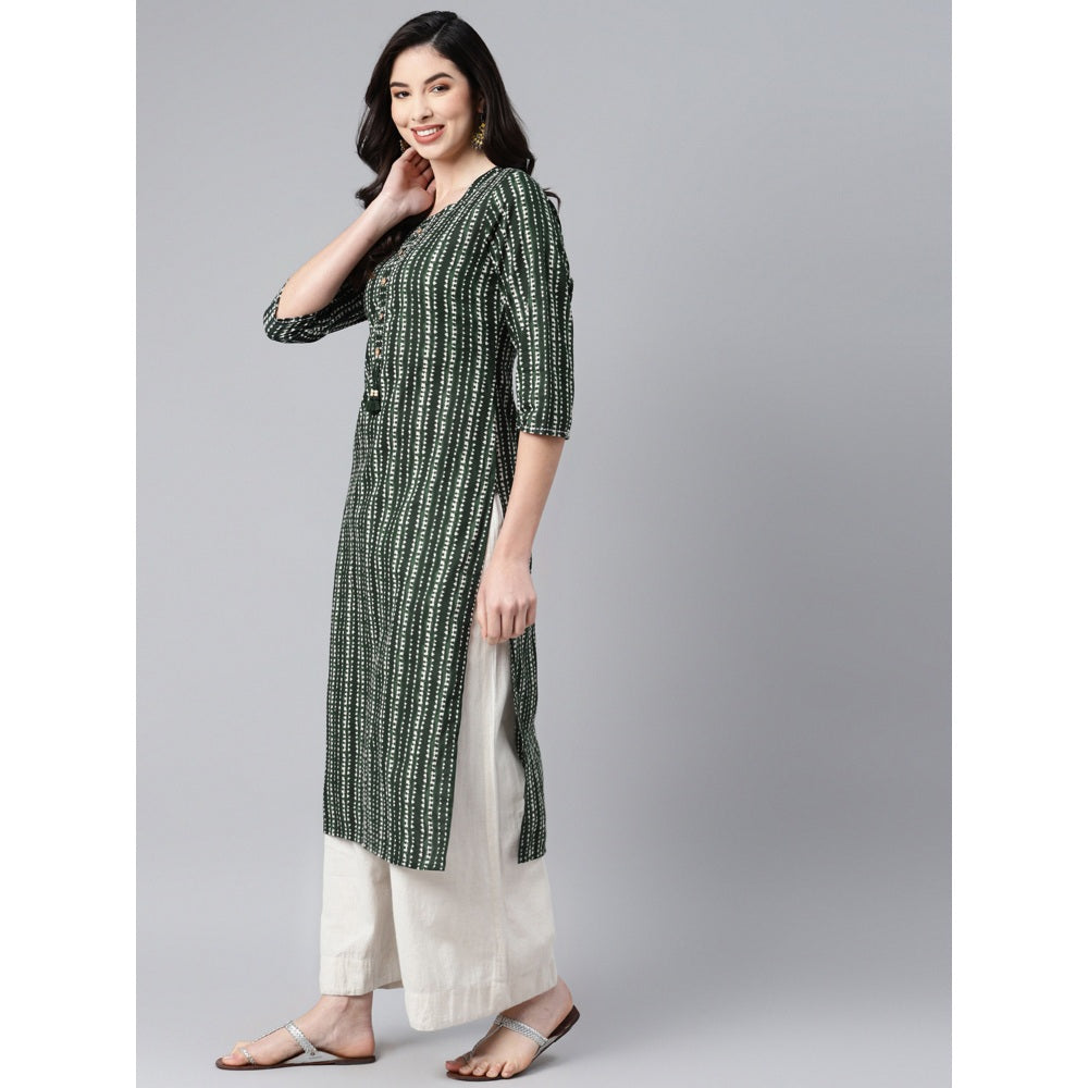 Piroh Womens Cotton Stripe Print Straight Kurta Green
