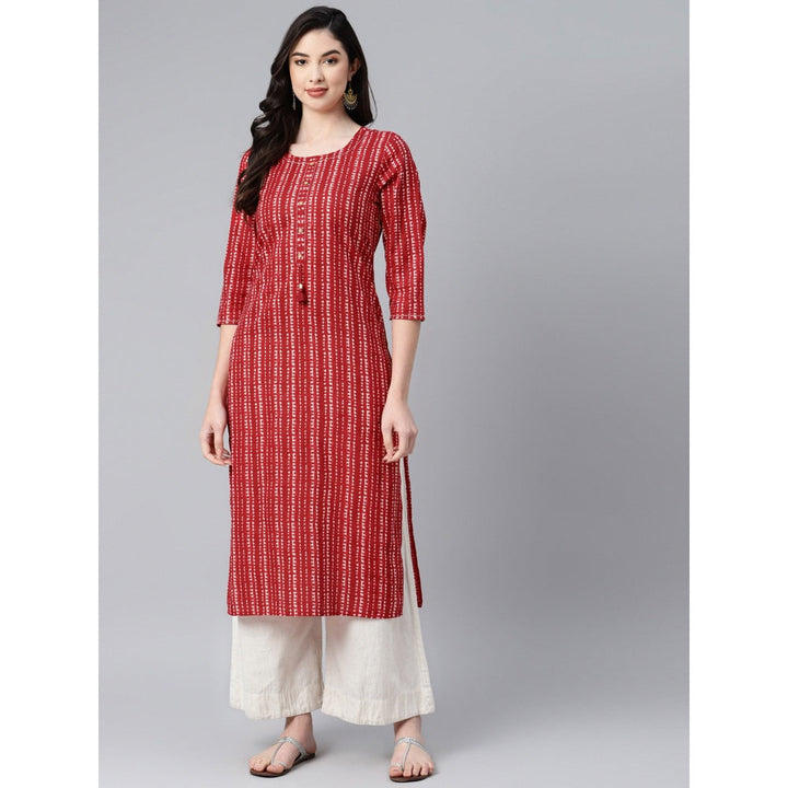 Piroh Womens Cotton Stripe Print Straight Kurta Red