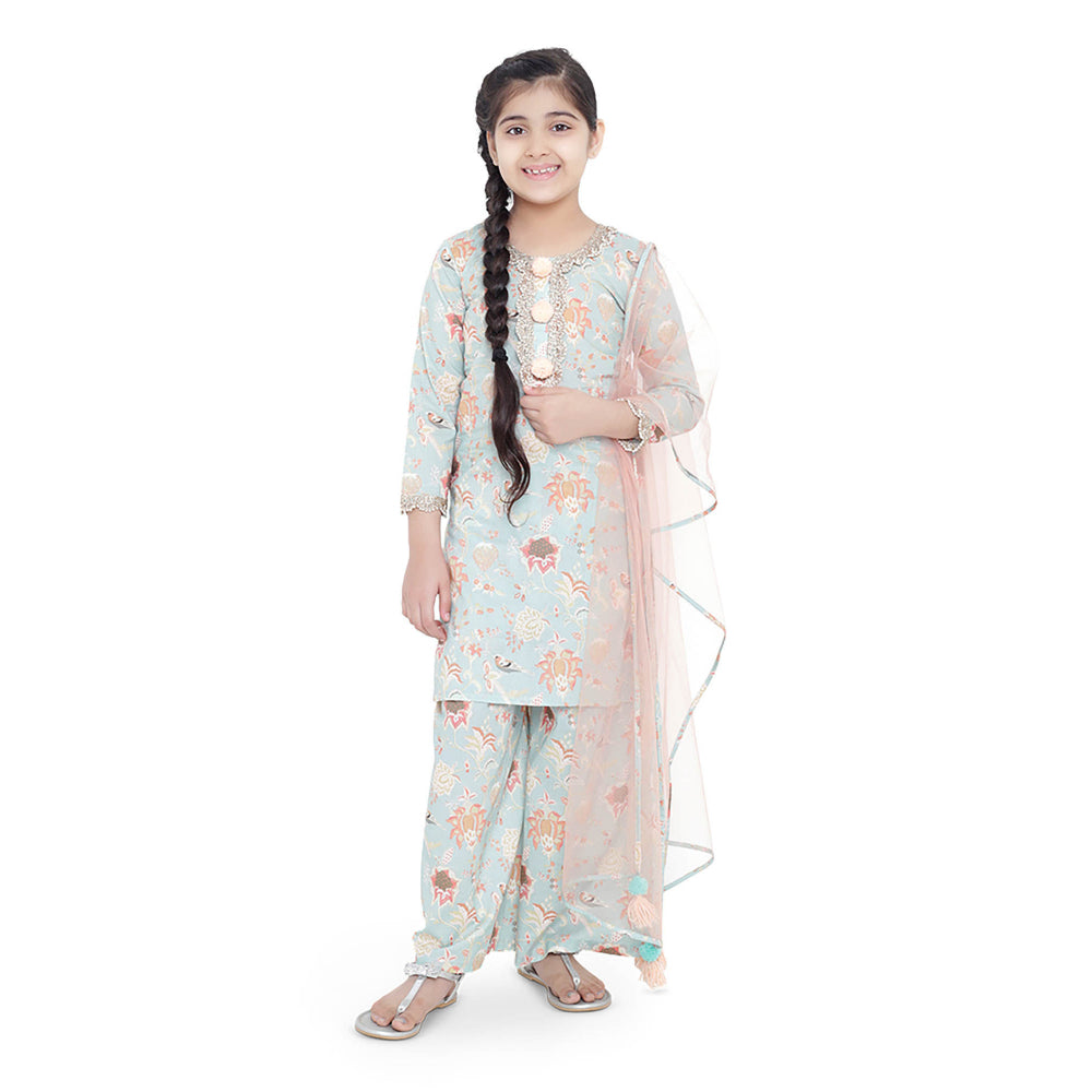 PS Kids Aqua Printed Cotton Kurta with Palazzo and Blush Net Dupatta (Set of 3)