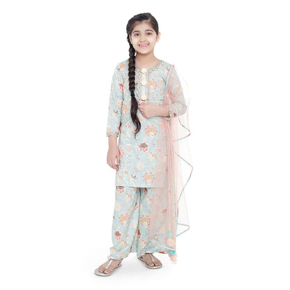 PS Kids Aqua Printed Cotton Kurta with Palazzo and Blush Net Dupatta (Set of 3)