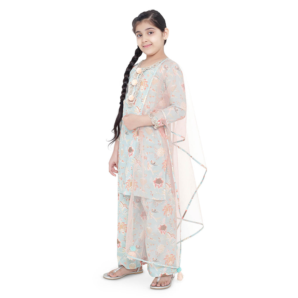 PS Kids Aqua Printed Cotton Kurta with Palazzo and Blush Net Dupatta (Set of 3)