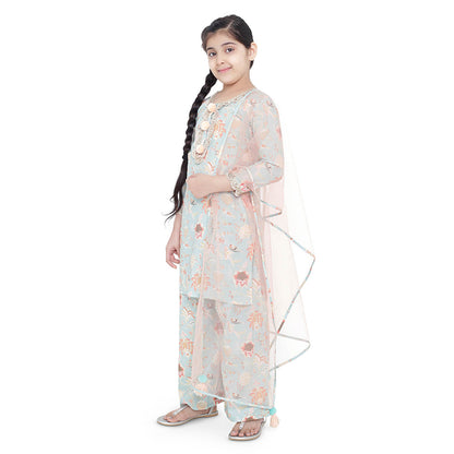 PS Kids Aqua Printed Cotton Kurta with Palazzo and Blush Net Dupatta (Set of 3)