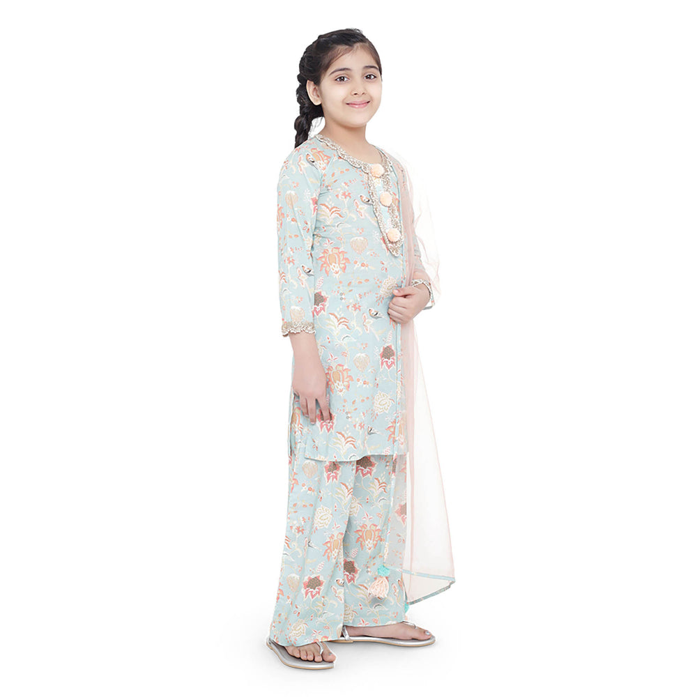 PS Kids Aqua Printed Cotton Kurta with Palazzo and Blush Net Dupatta (Set of 3)