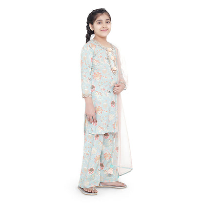 PS Kids Aqua Printed Cotton Kurta with Palazzo and Blush Net Dupatta (Set of 3)