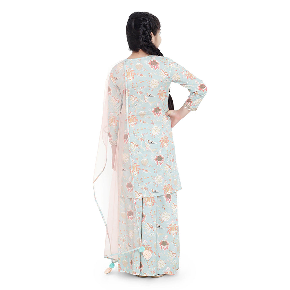 PS Kids Aqua Printed Cotton Kurta with Palazzo and Blush Net Dupatta (Set of 3)