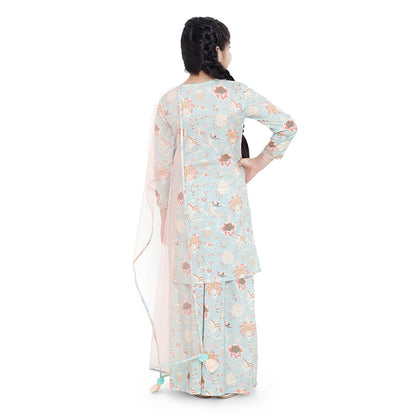 PS Kids Aqua Printed Cotton Kurta with Palazzo and Blush Net Dupatta (Set of 3)