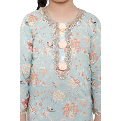 PS Kids Aqua Printed Cotton Kurta with Palazzo and Blush Net Dupatta (Set of 3)
