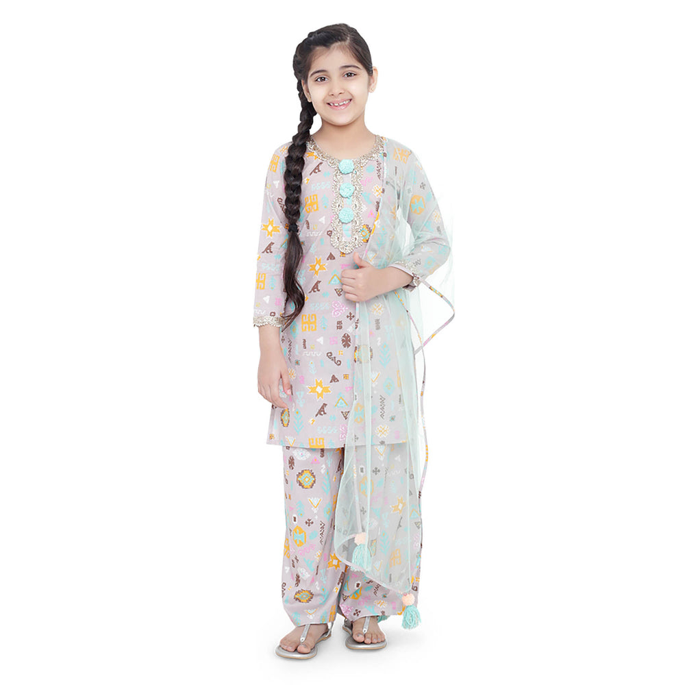 PS Kids Lavender Printed Cotton Kurta with Palazzo and Aqua Net Dupatta (Set of 3)