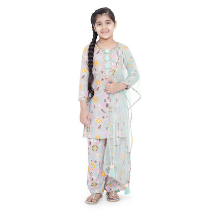 PS Kids Lavender Printed Cotton Kurta with Palazzo and Aqua Net Dupatta (Set of 3)